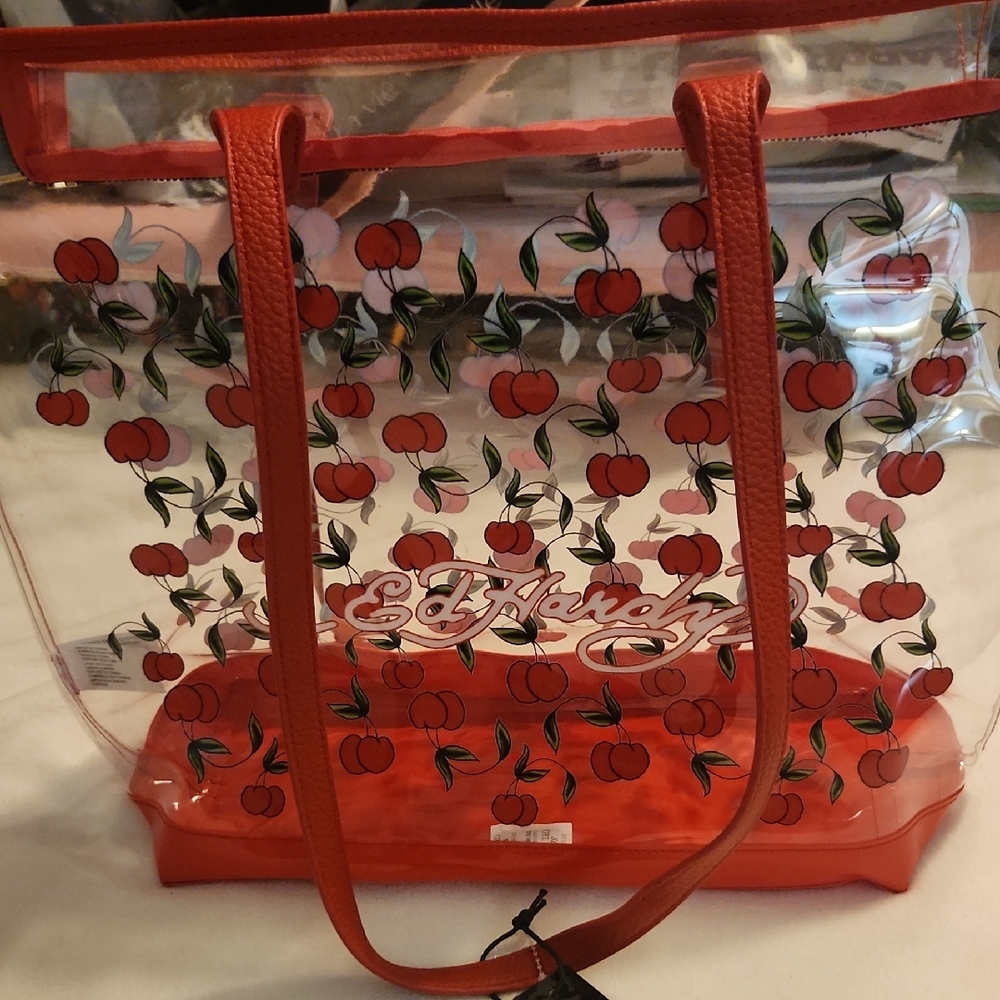 Ed Hardy Red Cherry Print Clear Tote Bag